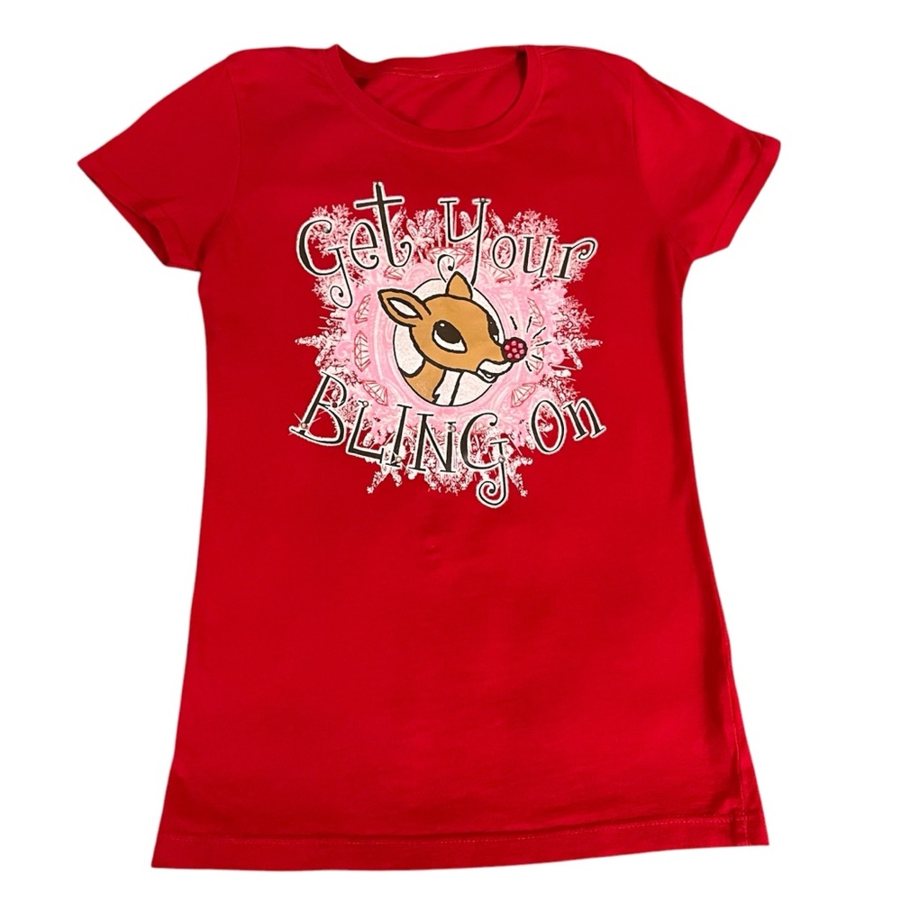 Holiday‎ Rudolph The Red Nose Reindeer W/Jewels On Nose Red T-Shirt Size L10-12